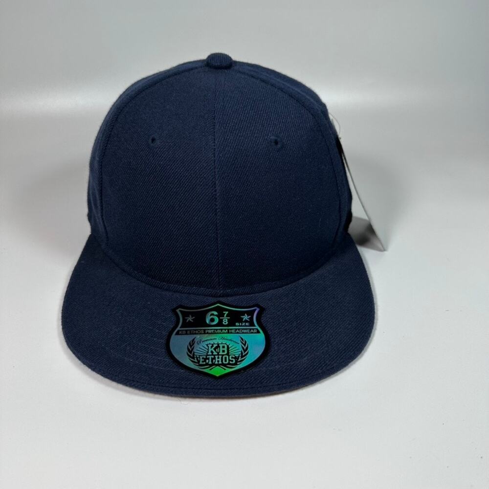 KB Ethos Premium Headwear Fitted Hat Navy Blue Flat Bill Cap Size 6 7/8 S NWT